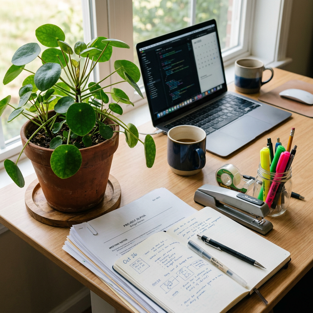 Laptop with code, notebook, potted plant, coffee, and stationery on desk